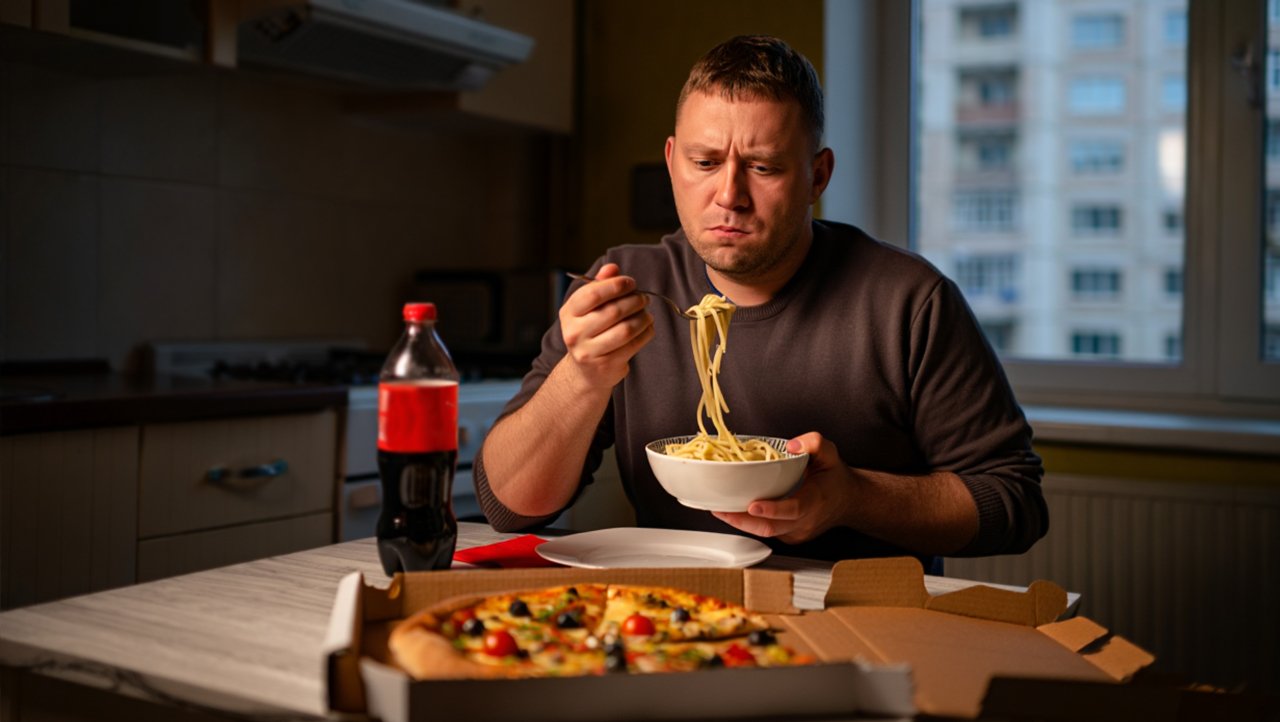 Мужчина ночью на кухне ест много еды